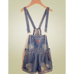 NWOT Bleach Wash Distressed Denim Overall Shorts